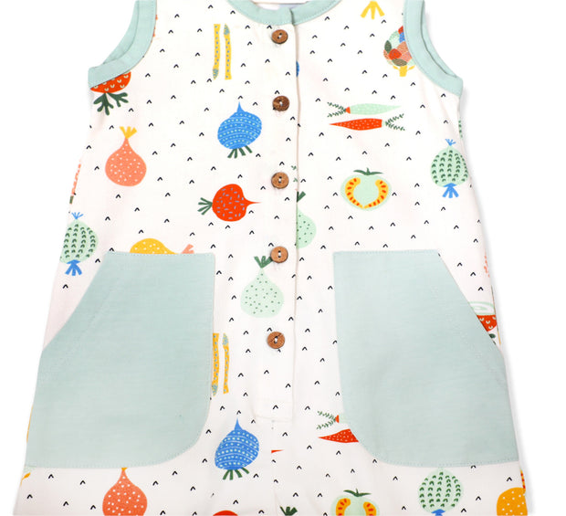 Veggie Sleeveless Side Pocket & Button Romper