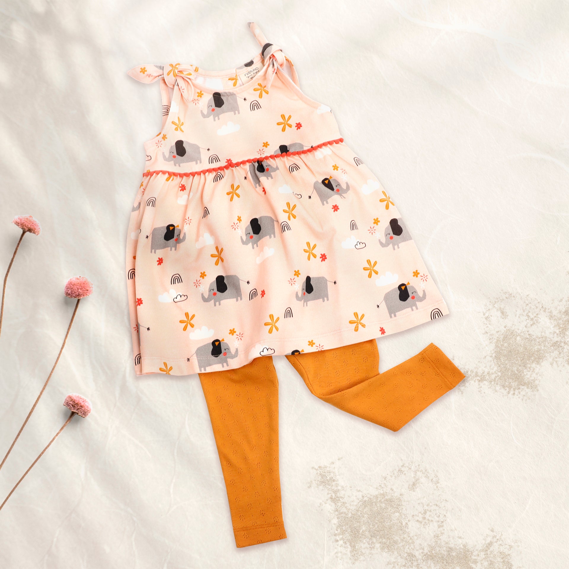 Organic Cotton Elephant Shoulder Knot Dress for Baby Girls - Viverano