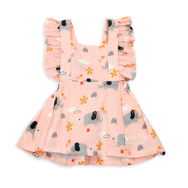 Organic Cotton Elephant Ruffled Baby Girl Apron Dress- Viverano