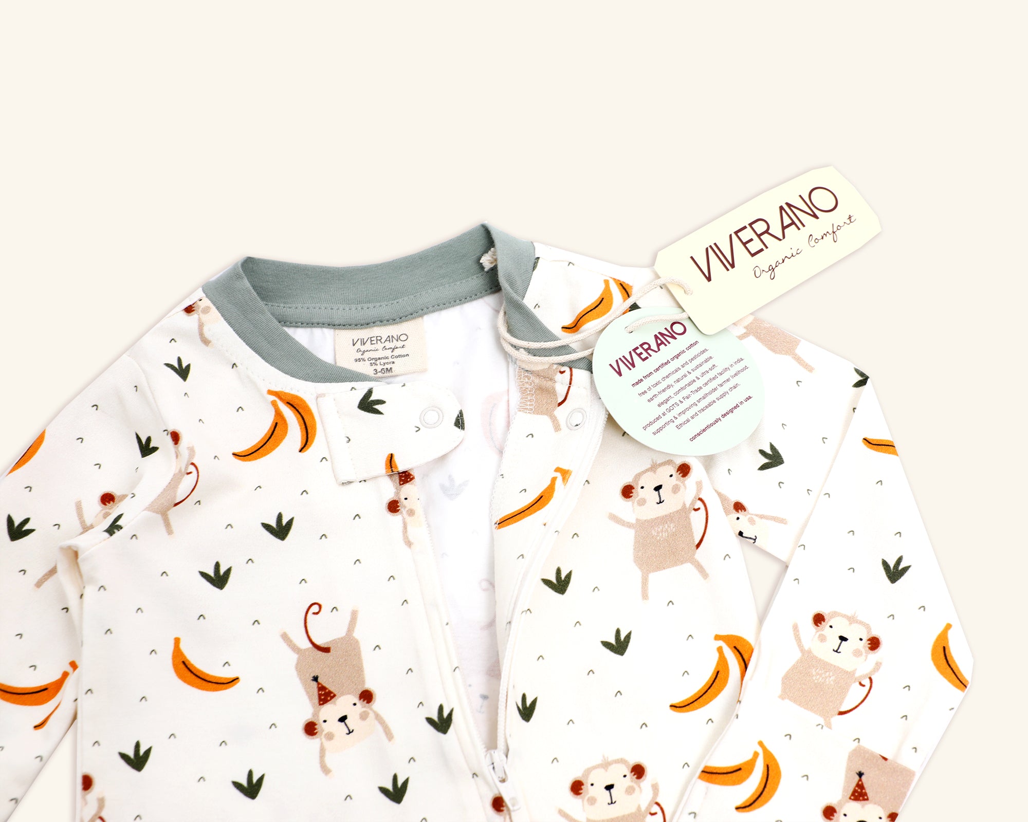 Organic Cotton Monkey Zipper Footie Coverall Romper for Babies - Viverano