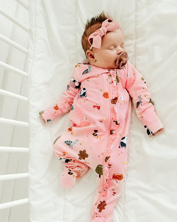 Organic Cotton Farm Ruffled Zipper Baby Jumpsuit Footie -Viverano
