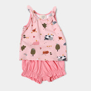 Organic Farm Shoulder Tie Sleeveless Tee + Bubble Shorts Set for Baby Girls