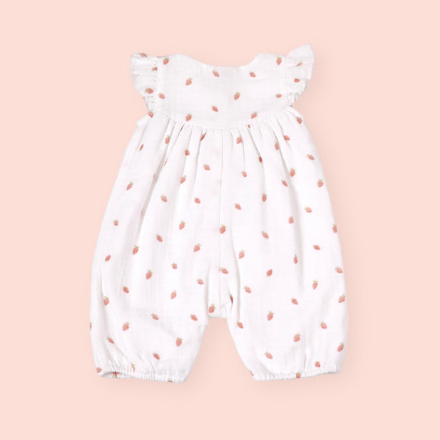 Strawberry Ruffle Button Short Baby Girl Romper (Organic Muslin)