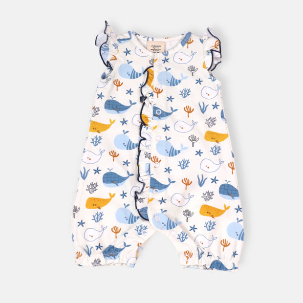 Ocean Whales Ruffle & Button Baby Romper (Organic Jersey) by Viverano