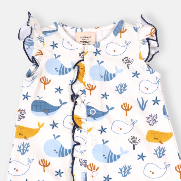 Ocean Whales Ruffle & Button Baby Romper (Organic Jersey) by Viverano