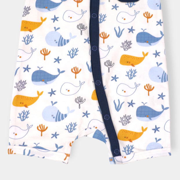 Ocean Whales Pocket & Button Baby Romper (Organic Jersey) by Viverano