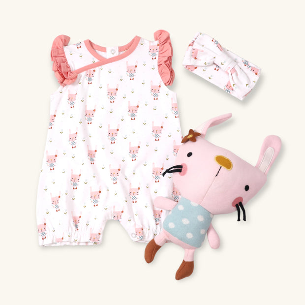 Bunny Ruffle Kimono Short Baby Romper (Organic Jersey) by Viverano