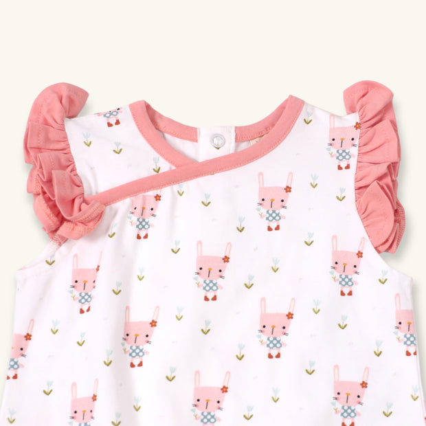 Bunny Ruffle Kimono Short Baby Romper (Organic Jersey) by Viverano