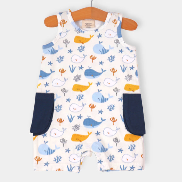Ocean Whales Side Pocket Sleeveless Baby Romper (Organic) by Viverano