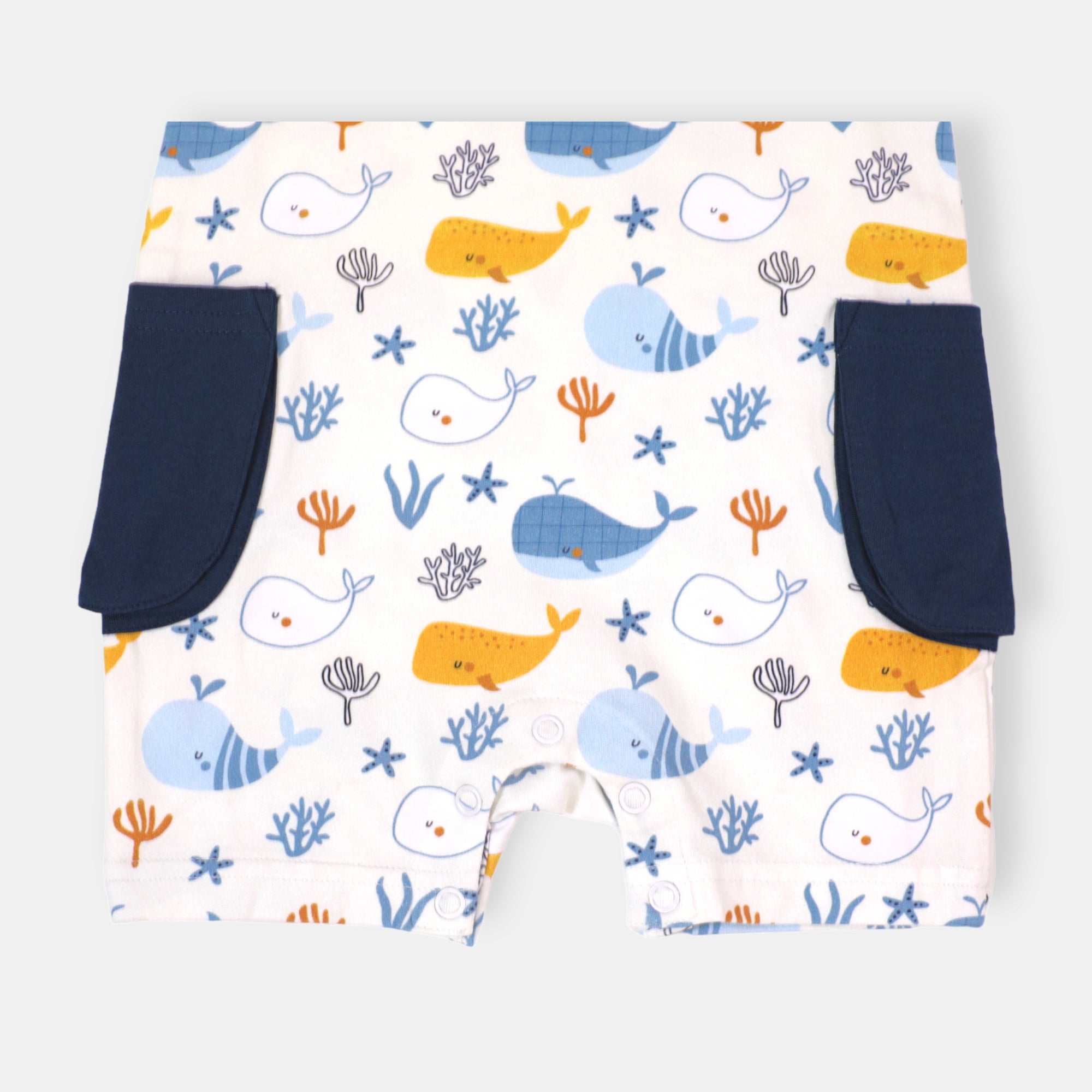 Ocean Whales Side Pocket Sleeveless Baby Romper (Organic) by Viverano