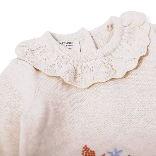 Hedgehog & Pointelle Collar Baby Girl Sweater (Organic Cotton)