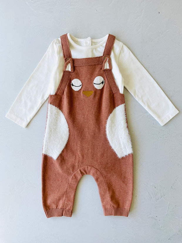 Owl Embroidered Knit Baby Overall + Bodysuit Set (Organic)