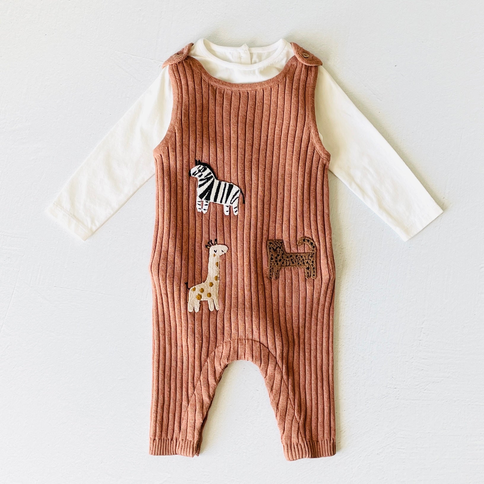 Animal Safari Embroidered Sweater Knit Baby Overall + Bodysuit Set (Organic)