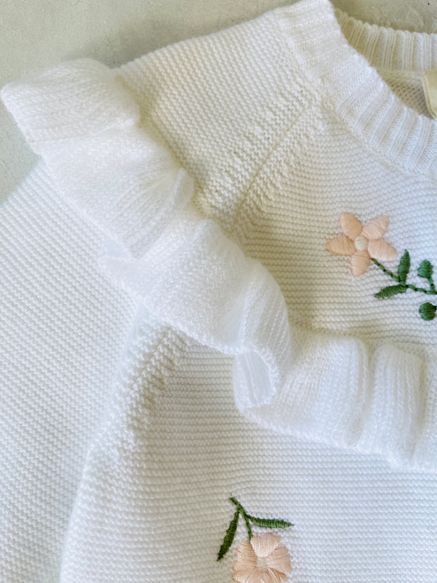 Milan White Floral Embroidered & Ruffle Sweater Knit Baby Girl