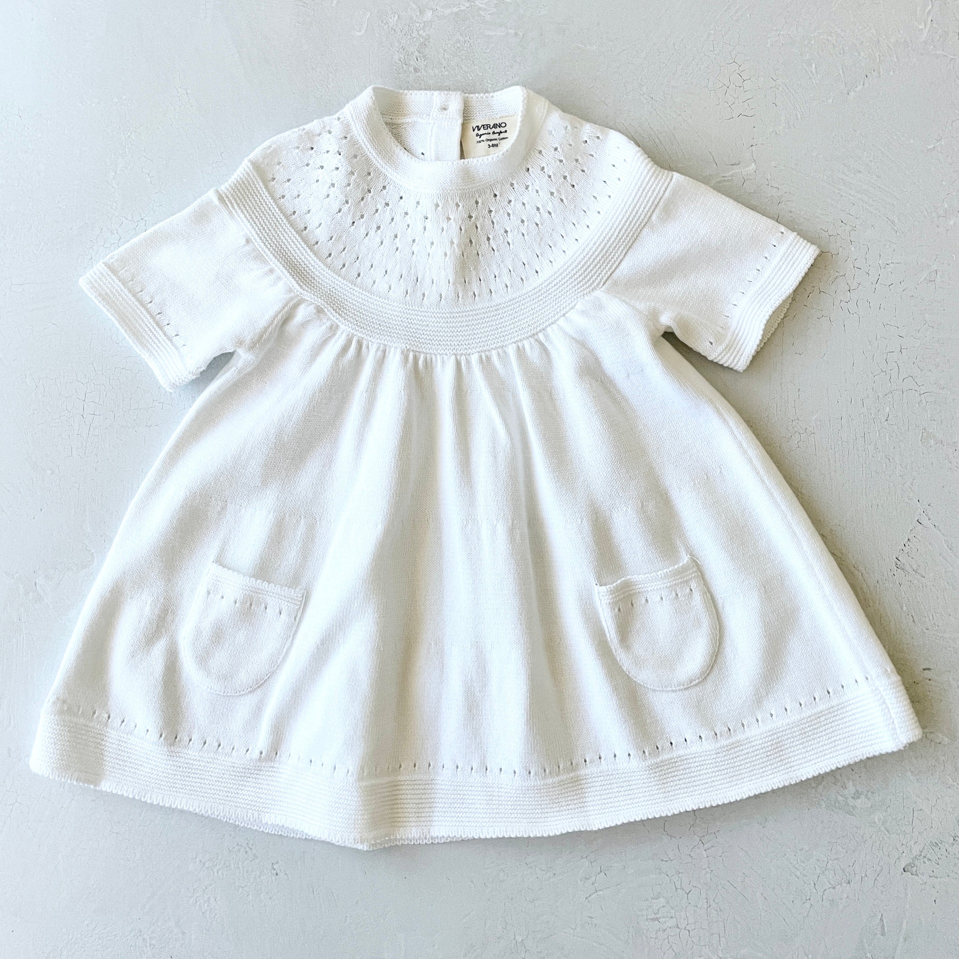 Milan White Pointelle & Pocket Sweater Knit Baby Dress (Organic) 18-24M