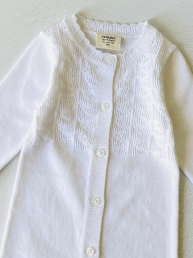 Milan White Pointelle & Button Sweater Knit Jumpsuit (Organic)
