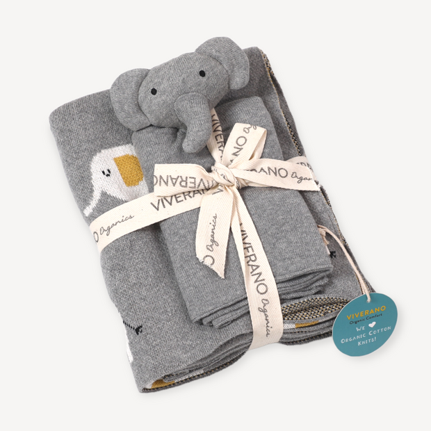 Elephant Jacquard Knit Baby Blanket Lovey SET Organic by Viverano