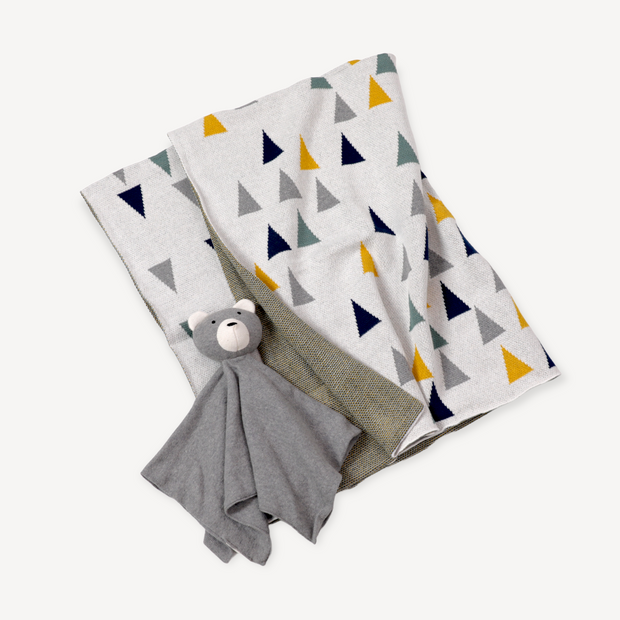 Triangles Jacquard Knit Baby Blanket & Bear Lovey Gift SET (Organic) by Viverano
