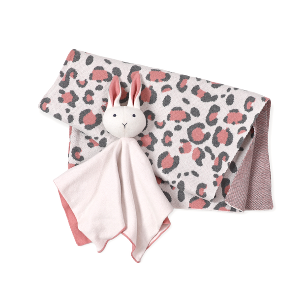 Pink Leopard Animal Jacquard Knit Baby Blanket & Bunny Lovey Gift SET (Organic) by Viverano