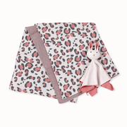 Pink Leopard Animal Jacquard Knit Baby Blanket & Bunny Lovey Gift SET (Organic) by Viverano