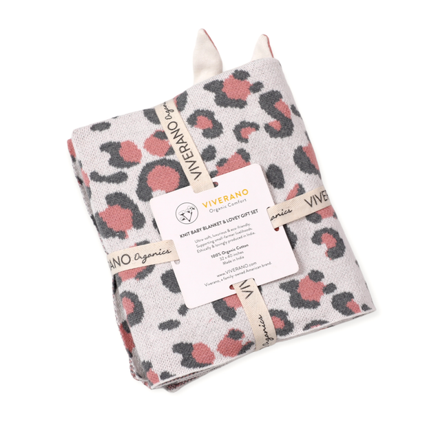 Pink Leopard Animal Jacquard Knit Baby Blanket & Bunny Lovey Gift SET (Organic) by Viverano