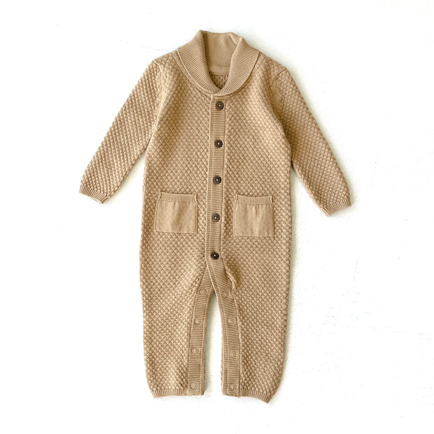 Milan Earthy Knit Shawl Collar & Pocket Baby Jumpsuit (Organic Cotton) by Viverano Organic Baby