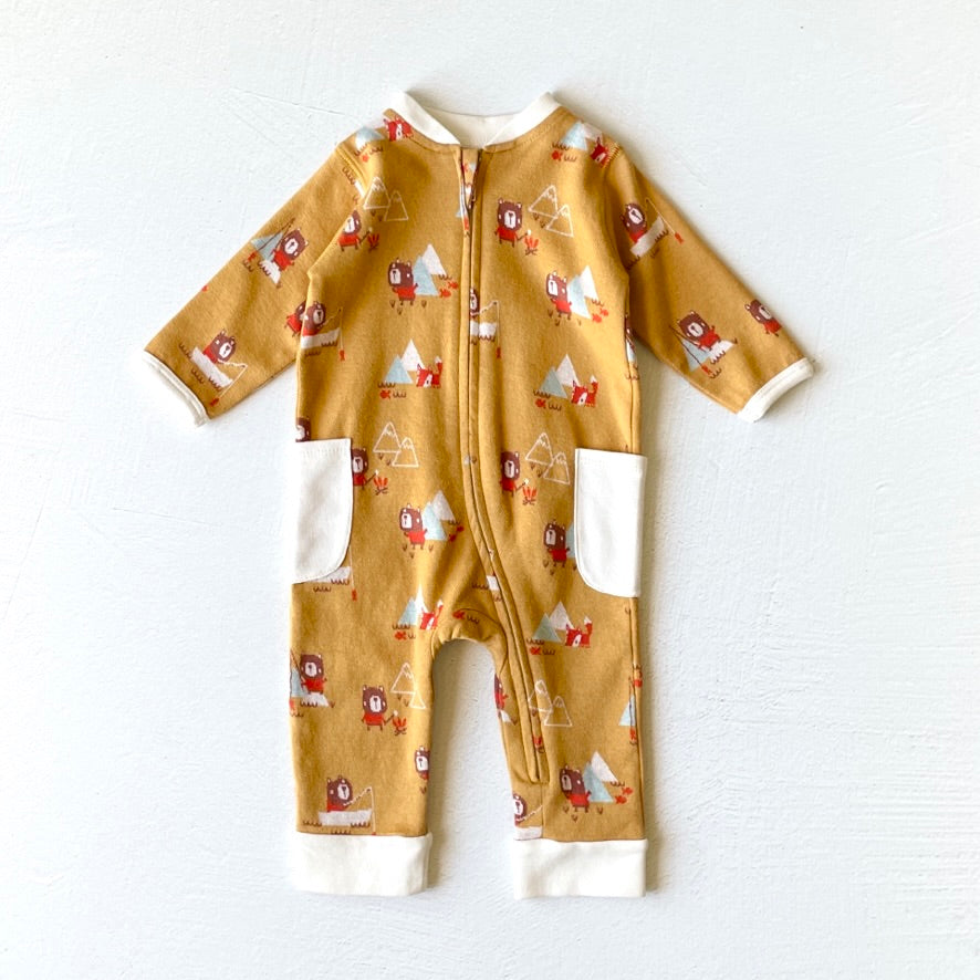 Camping Bear & Fox Zipper Side Pocket Jacquard Baby Jumpsuit (Organic Cotton)