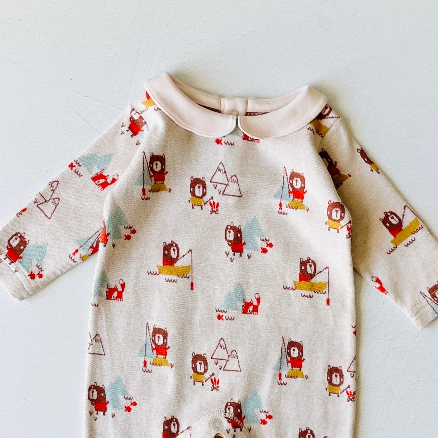 Camping Bear & Fox Peter Pan Collar Jacquard Knit Baby Jumpsuit (Organic Cotton)