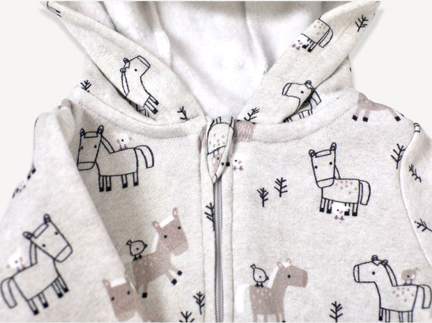 Horse & Bird Fleece Hooded Zipper Baby Jumpsuit (Organic Cotton)