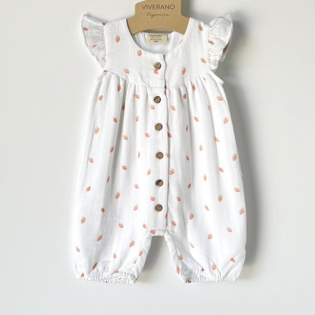 Strawberry Ruffle Button Short Baby Girl Romper (Organic Muslin)