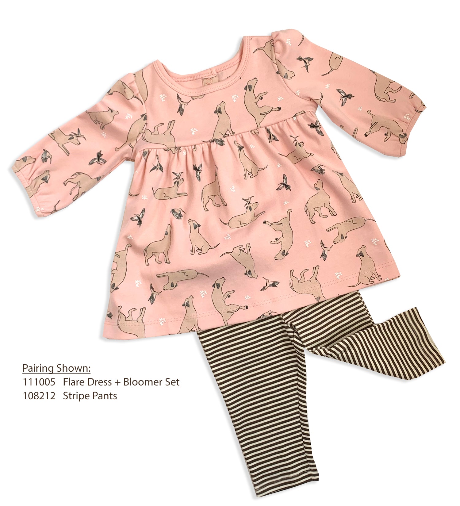 Conjunto de vestido y pantalones bombachos con estampado de perro y colibrí de Kai