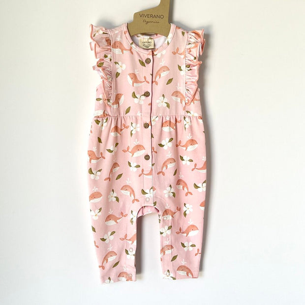 Gardenia Whales Ruffle & Button Jumpsuit (Organic Jersey)