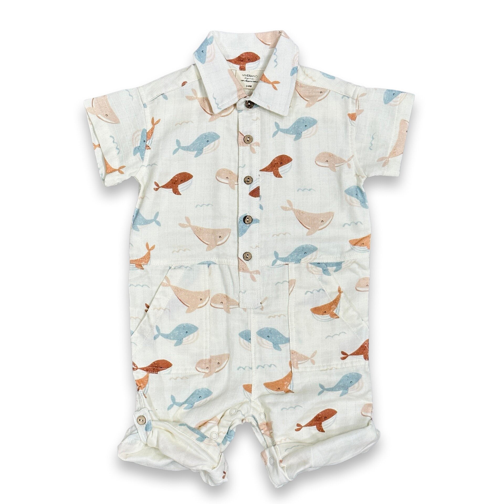 Whales Collar & Button Playsuit Romper (Organic Muslin)
